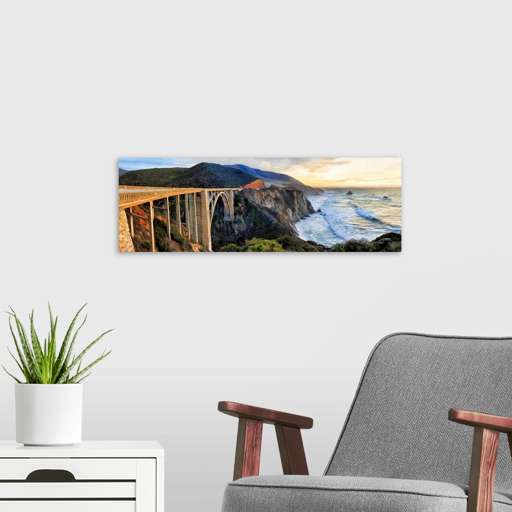 A modern room featuring The Bixby Bridge is aglow with light from the setting sun, which also reflects off the surface of...