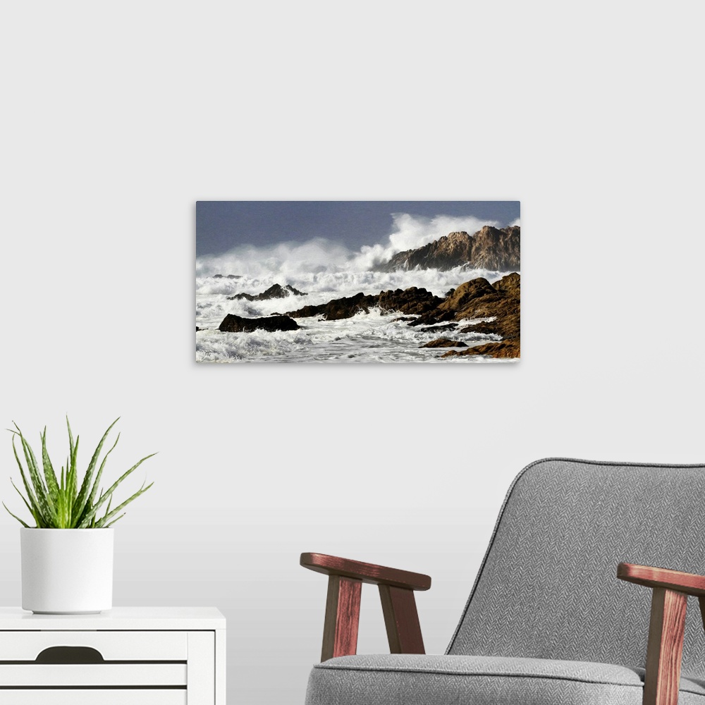 A modern room featuring A powerful wave explodes over Bird Rock in Pebble Beach. Coastal birds and sea lions that often r...