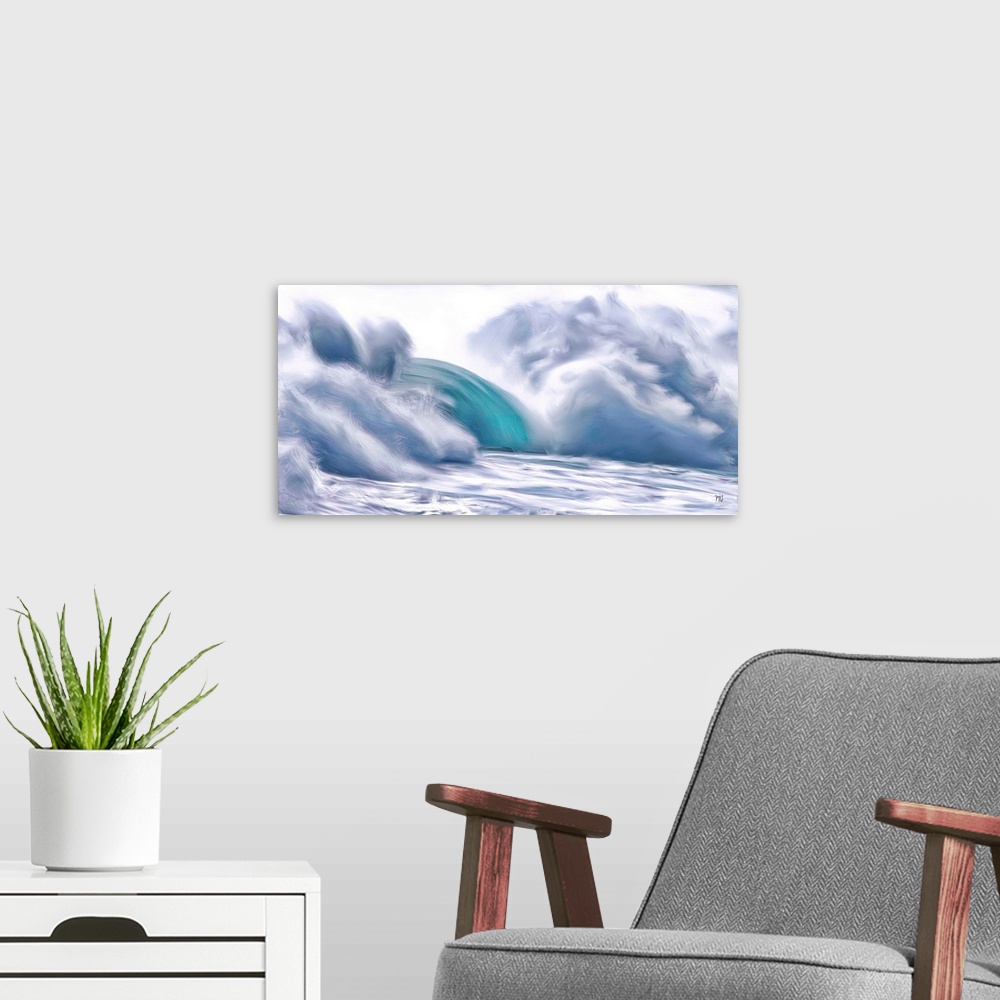 A modern room featuring A giant wave crashes on the shore of Carmel River Beach, and a ribbon of green takes center stage.