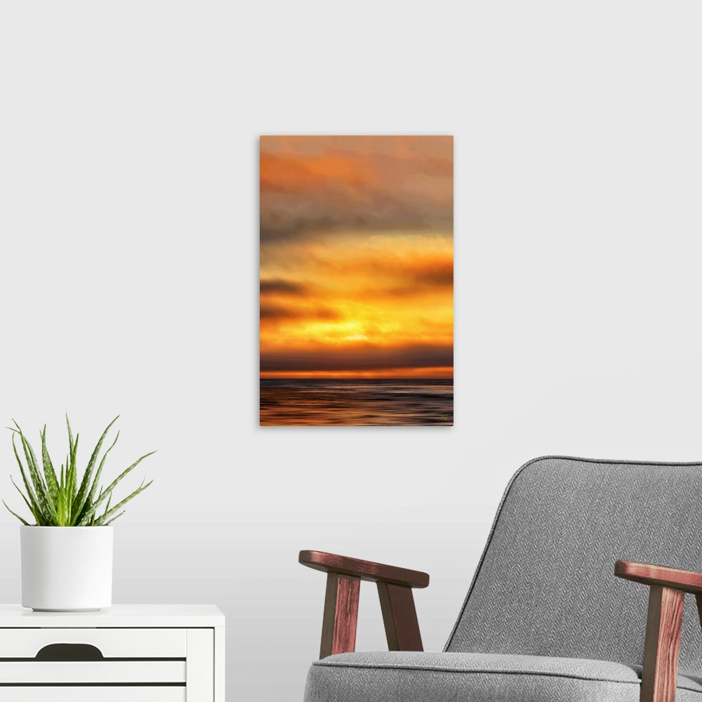 A modern room featuring A spectacular ocean sunset in Carmel, California. The artist, Michael Lynberg, adds a touch of im...