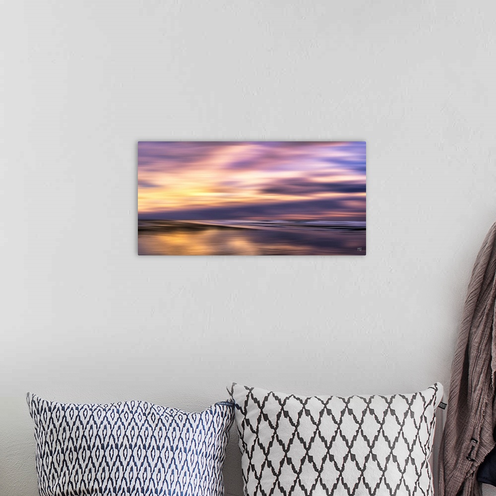 A bohemian room featuring This contemporary work of art captures a ogolden houro sunset in Carmel-by-the-Sea. Parts of the ...