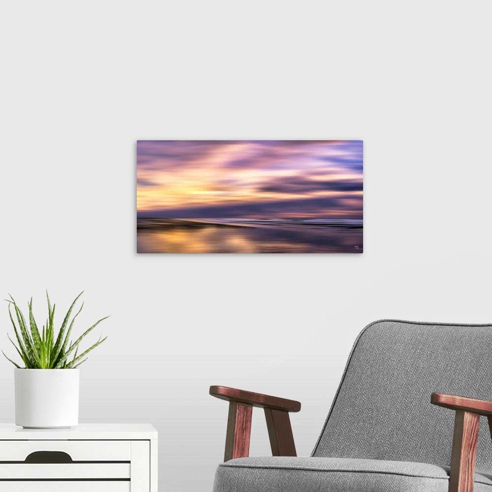 A modern room featuring This contemporary work of art captures a ogolden houro sunset in Carmel-by-the-Sea. Parts of the ...
