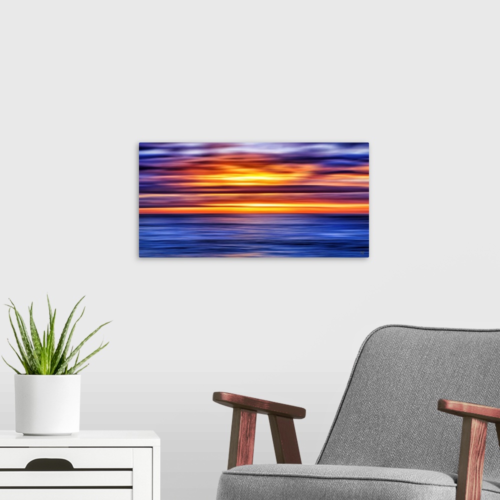 A modern room featuring A sunset in Carmel-by-the-Sea that the artist has given a contemporary touch. The depth of the pi...