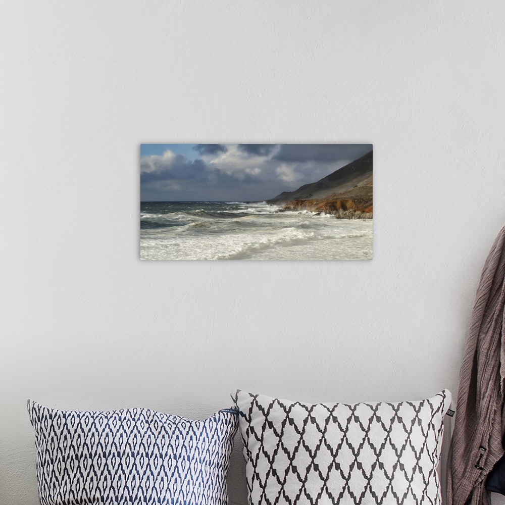 A bohemian room featuring Winter waves rush toward the shore at Garrapata Beach in Big Sur. The colors and tones of the oce...