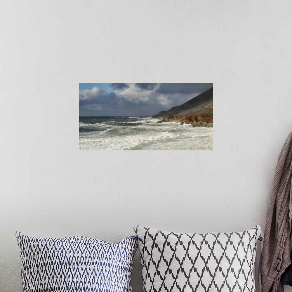 A bohemian room featuring Winter waves rush toward the shore at Garrapata Beach in Big Sur. The colors and tones of the oce...