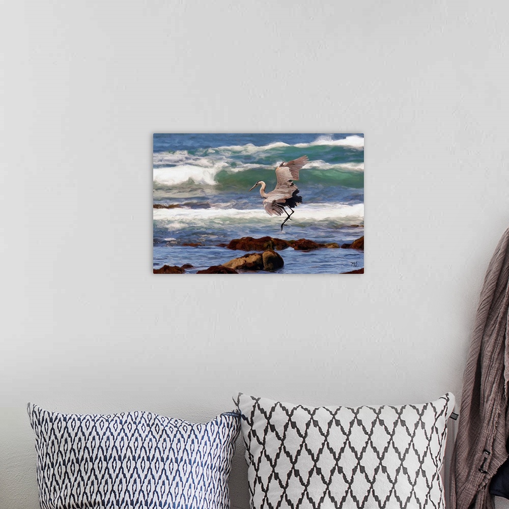 A bohemian room featuring Walking along the ocean in Pebble Beach, one is often surrounded by wildlife, from pelicans glidi...