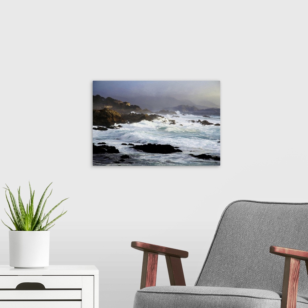 A modern room featuring The sun breaks through dark and stormy clouds on this evening in Pebble Beach, California, creati...