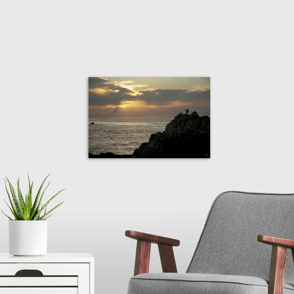 A modern room featuring A fisherman casts his line at sunset in Pacific Grove, California, in this alluring piece of artw...