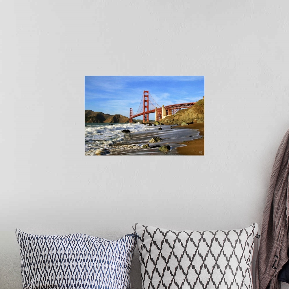 A bohemian room featuring A walk toward the Golden Gate Bridge on Marshall Beach, part of the San Francisco coastline. Acro...