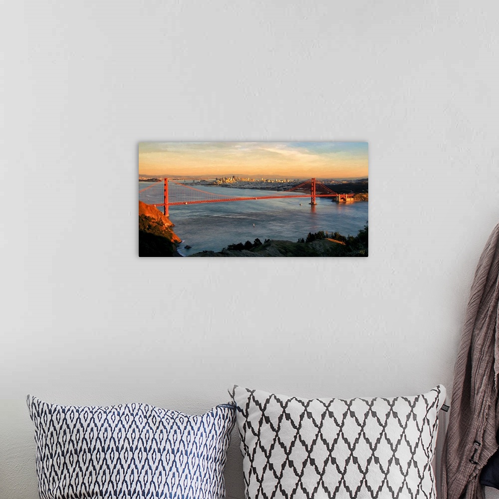A bohemian room featuring A view of the spectacular Golden Gate Bridge from the crest of a hill in the Marin Headlands. A s...