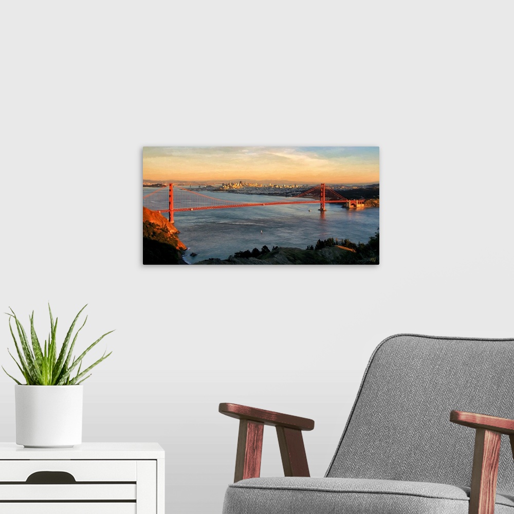 A modern room featuring A view of the spectacular Golden Gate Bridge from the crest of a hill in the Marin Headlands. A s...