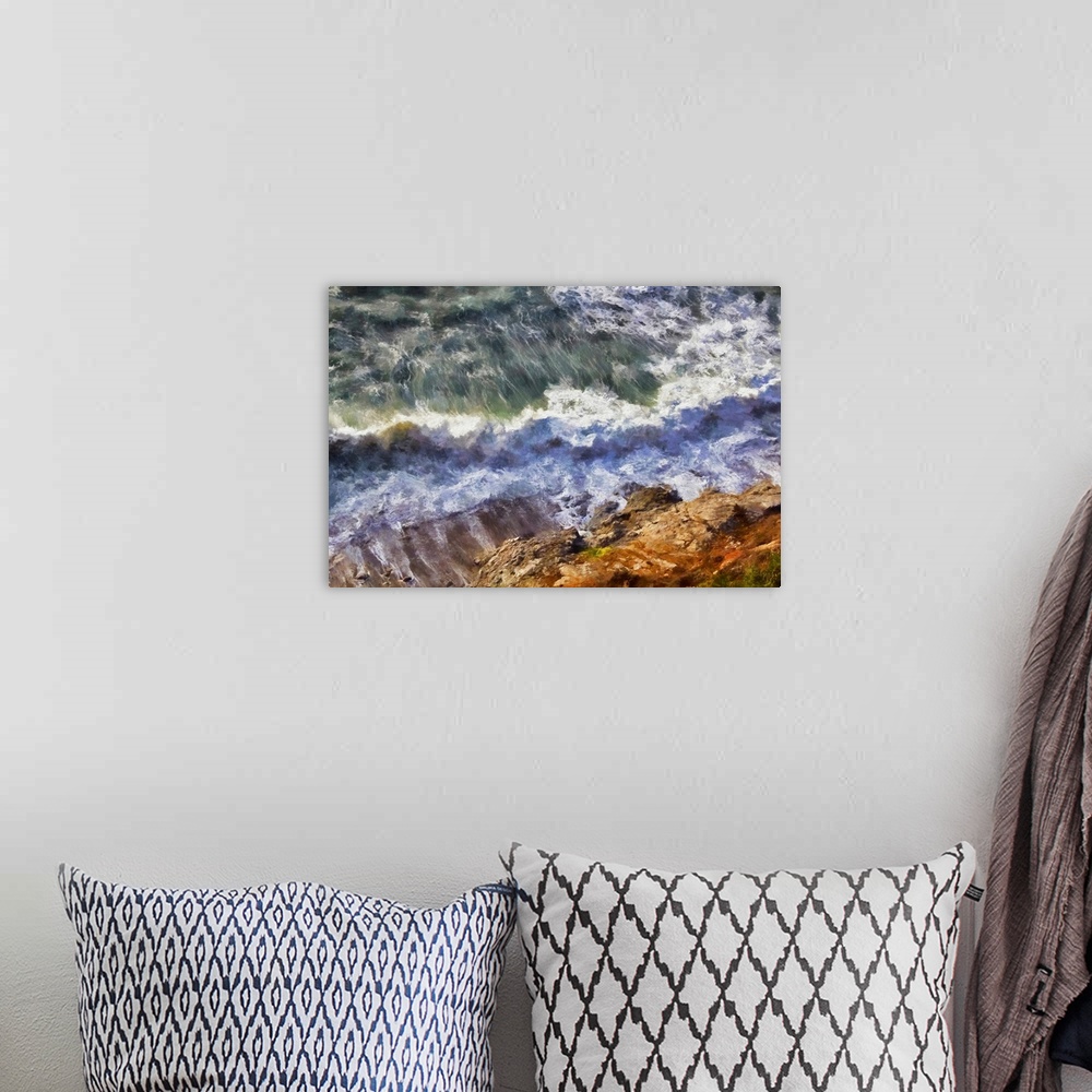 A bohemian room featuring A view of a crashing wave from a cliff in the Big Sur Headlands. Acclaimed artist Michael Lynberg...