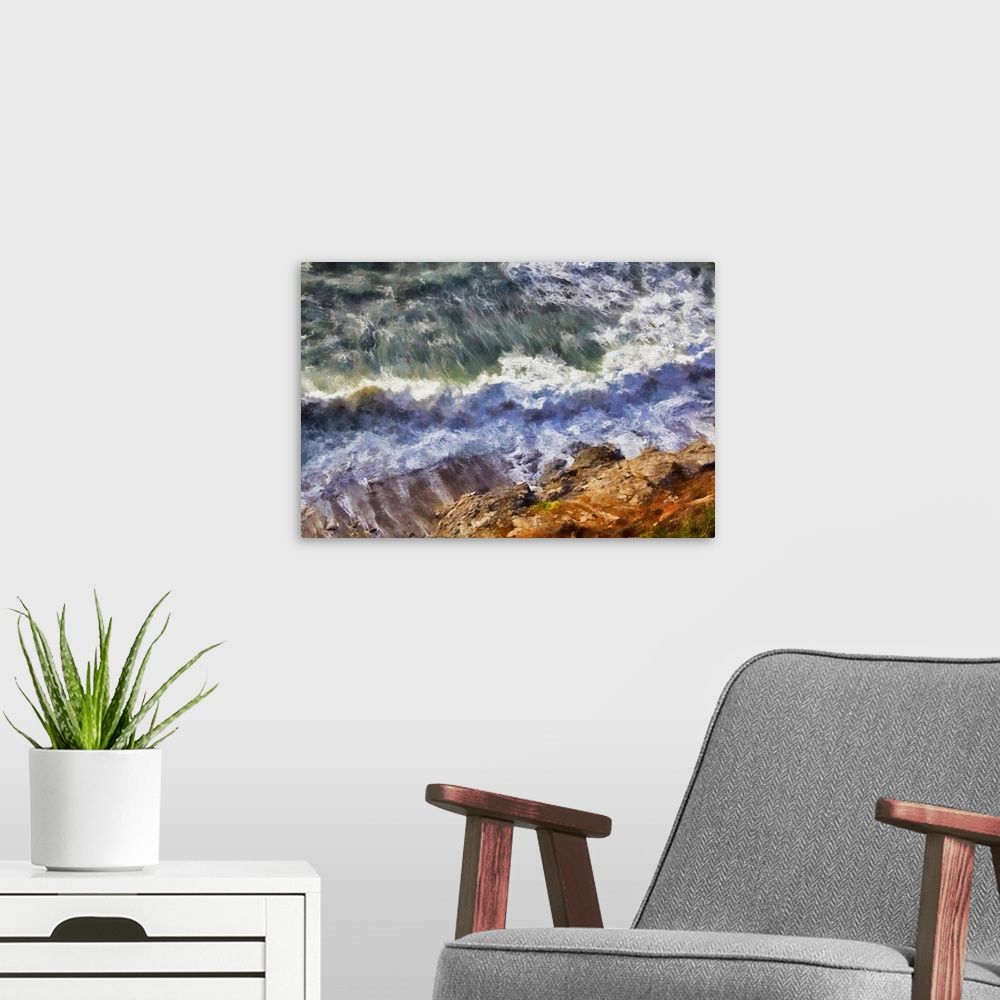 A modern room featuring A view of a crashing wave from a cliff in the Big Sur Headlands. Acclaimed artist Michael Lynberg...