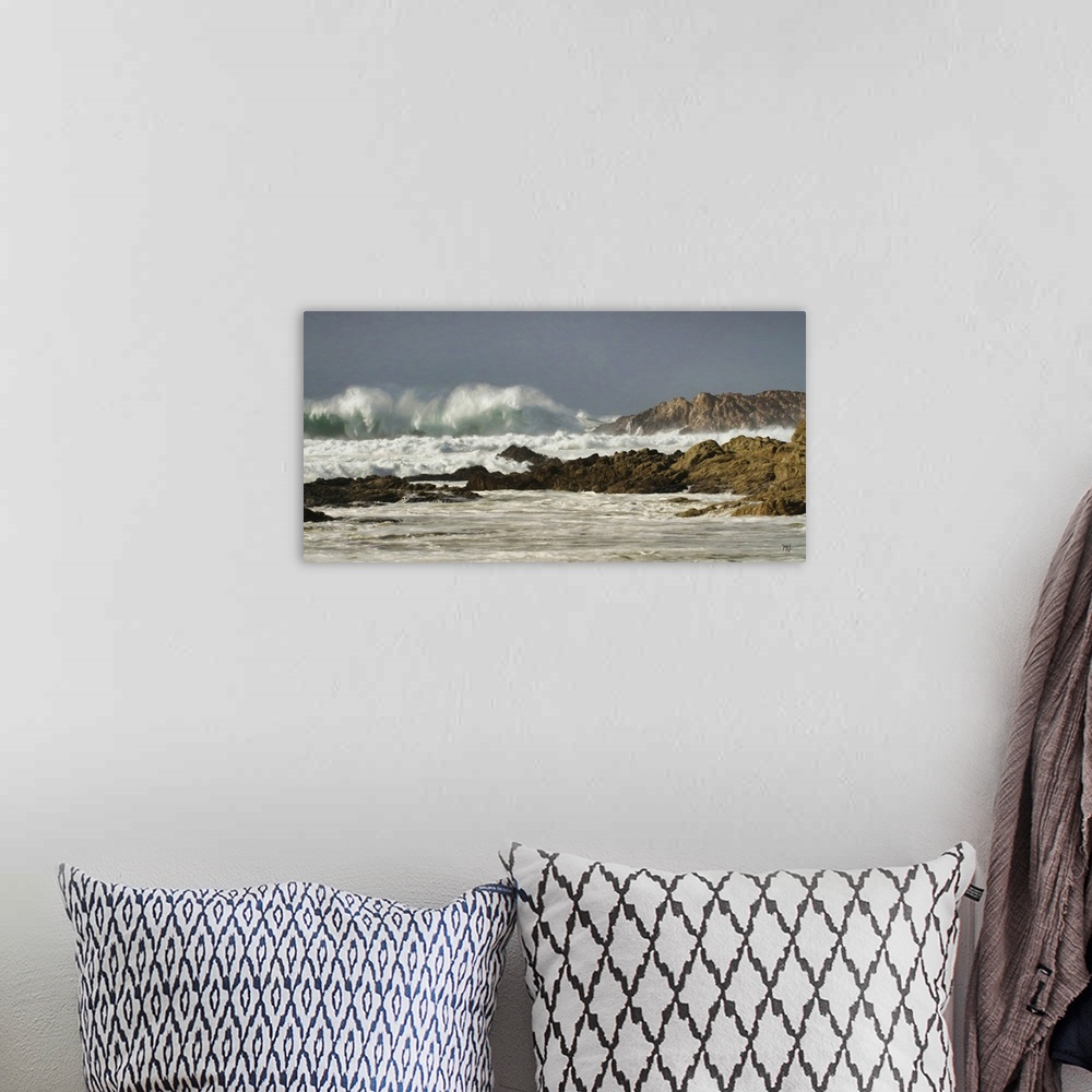 A bohemian room featuring A stunning wave crashes next to Bird Rock, a popular site along the 17 Mile Drive in Pebble Beach...