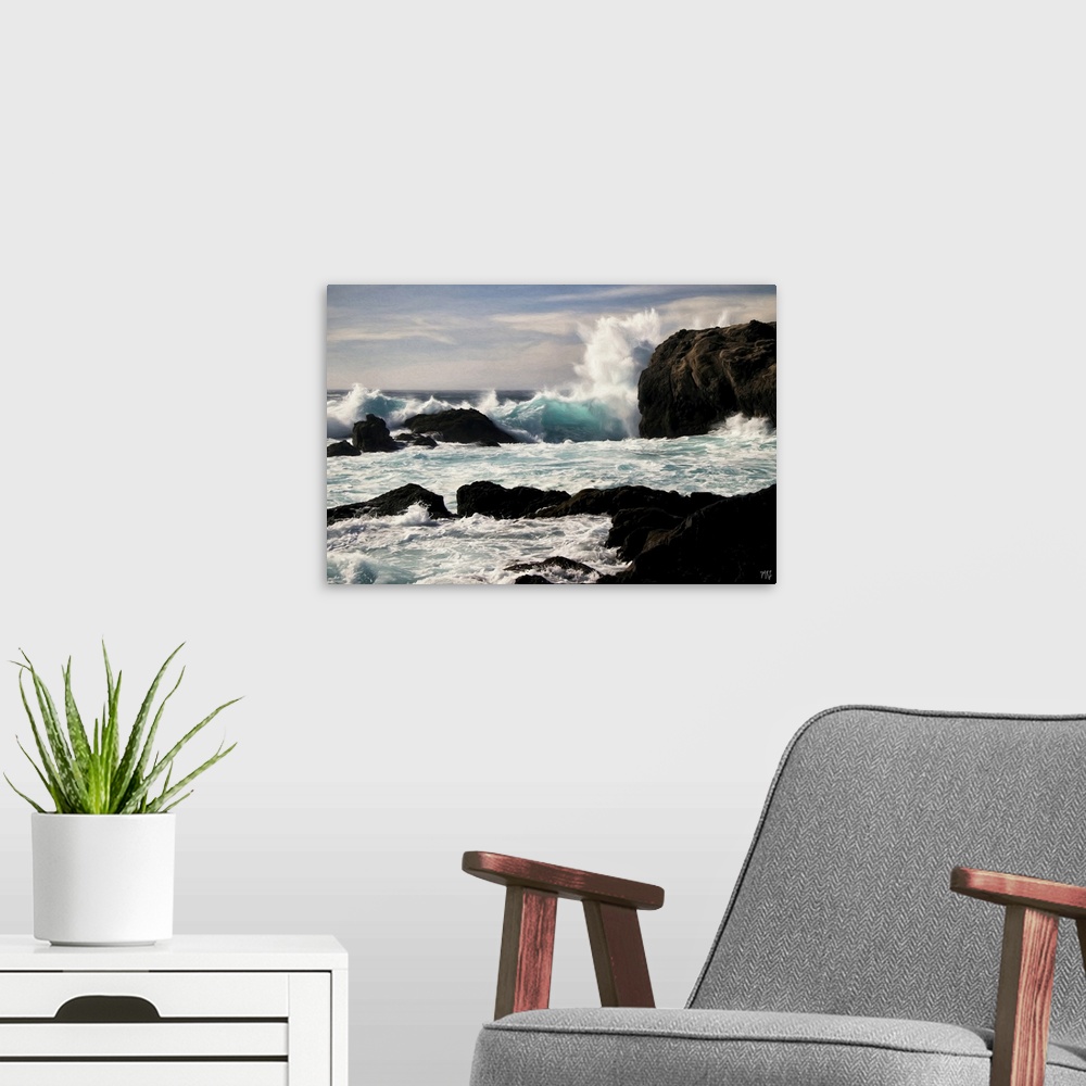 A modern room featuring The teals and radiant whites of this backlit wave at Point Lobos State Natural Reserve contrast s...