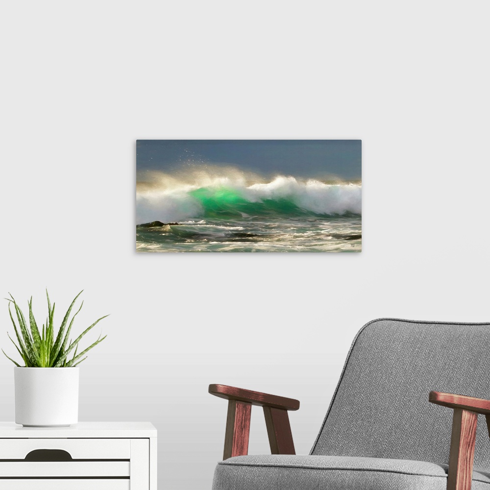 A modern room featuring Backlit by the sun that has broken through clouds along the coast, a breaking wave is radiant wit...
