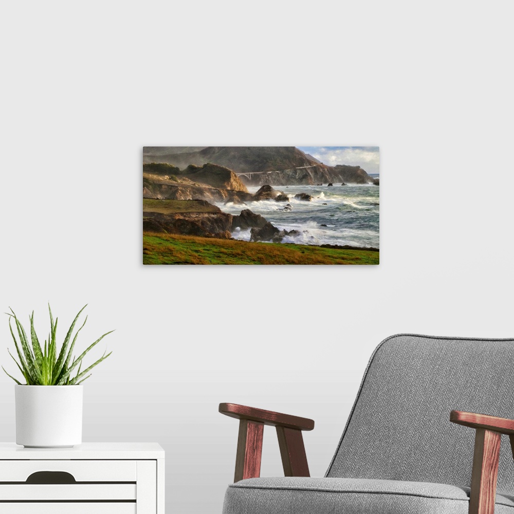 A modern room featuring A breathtaking panorama of the Big Sur coastline between Rocky Point and the distant Rocky Creek ...