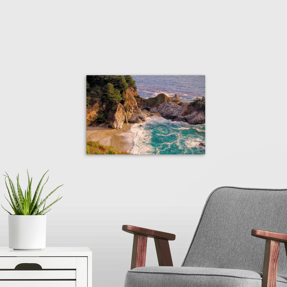 A modern room featuring One of the treasures of Big Sur is the 80-foot waterfall known as McWay Falls, which flows to a s...