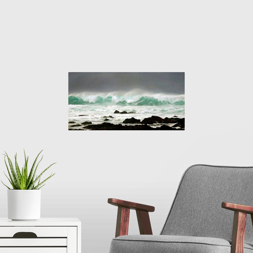 A modern room featuring A spectacular winter wave is radiant against dark storm clouds near Cypress Point in Pebble Beach...