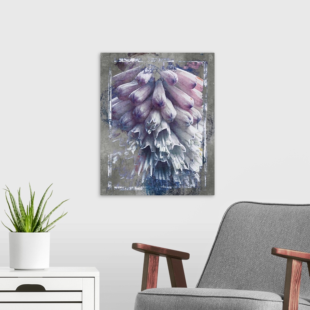 A modern room featuring Artistic photograph of purple and white flowers against a grunge background.