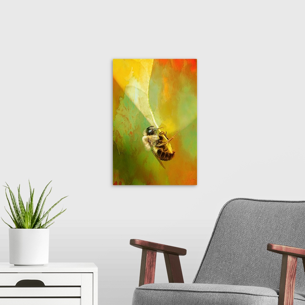 A modern room featuring Close-up photograph of a bee clinging to the end of a leaf.