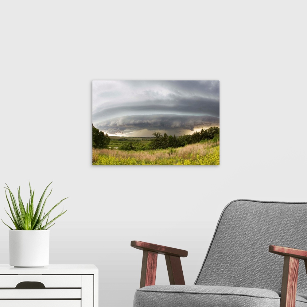 A modern room featuring A shelf cloud from a supercell thunderstorm in Tornado Alley.