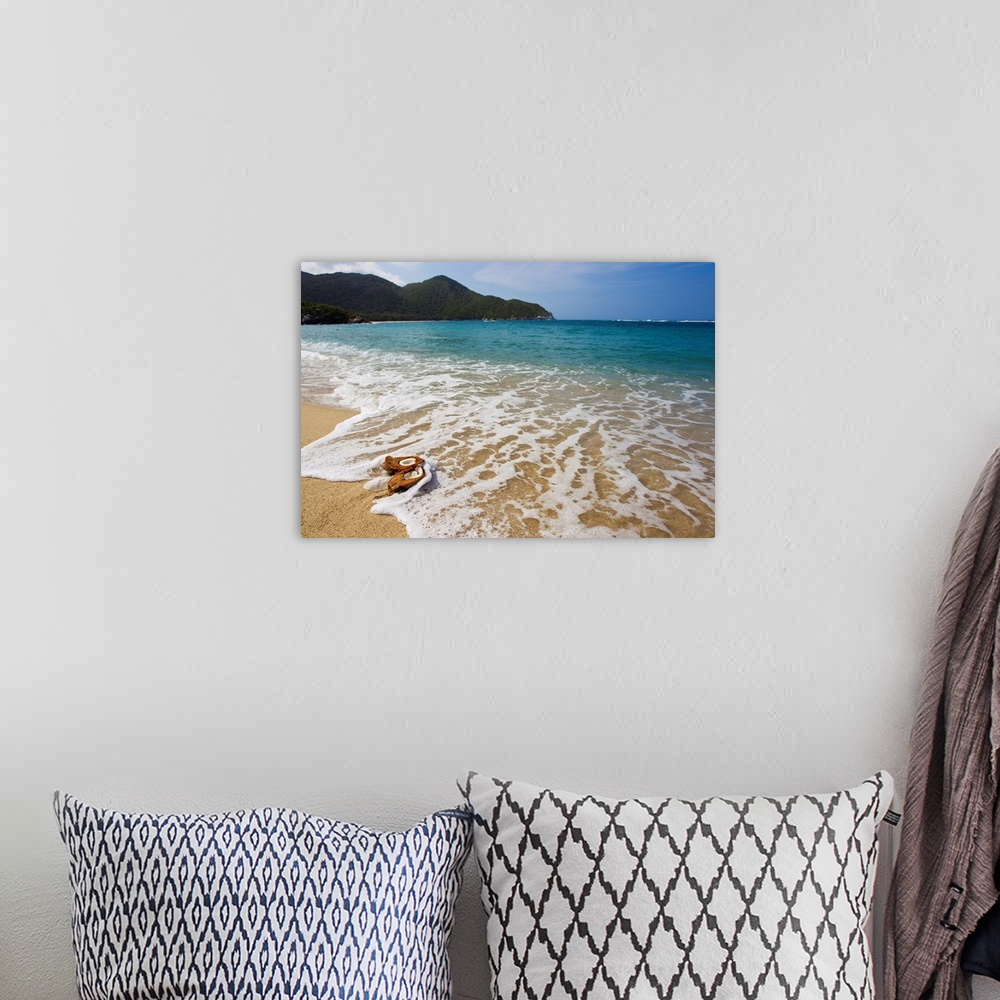 A bohemian room featuring A split coconut washed ashore on a tropical beach.