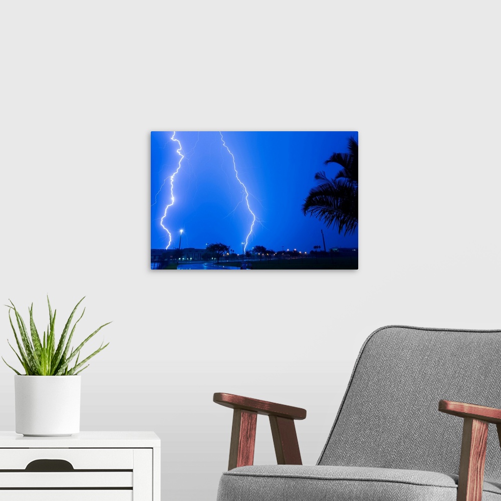 A modern room featuring A supercharged lightning storm spitting out numerous lightning bolts at the same time in Homestea...
