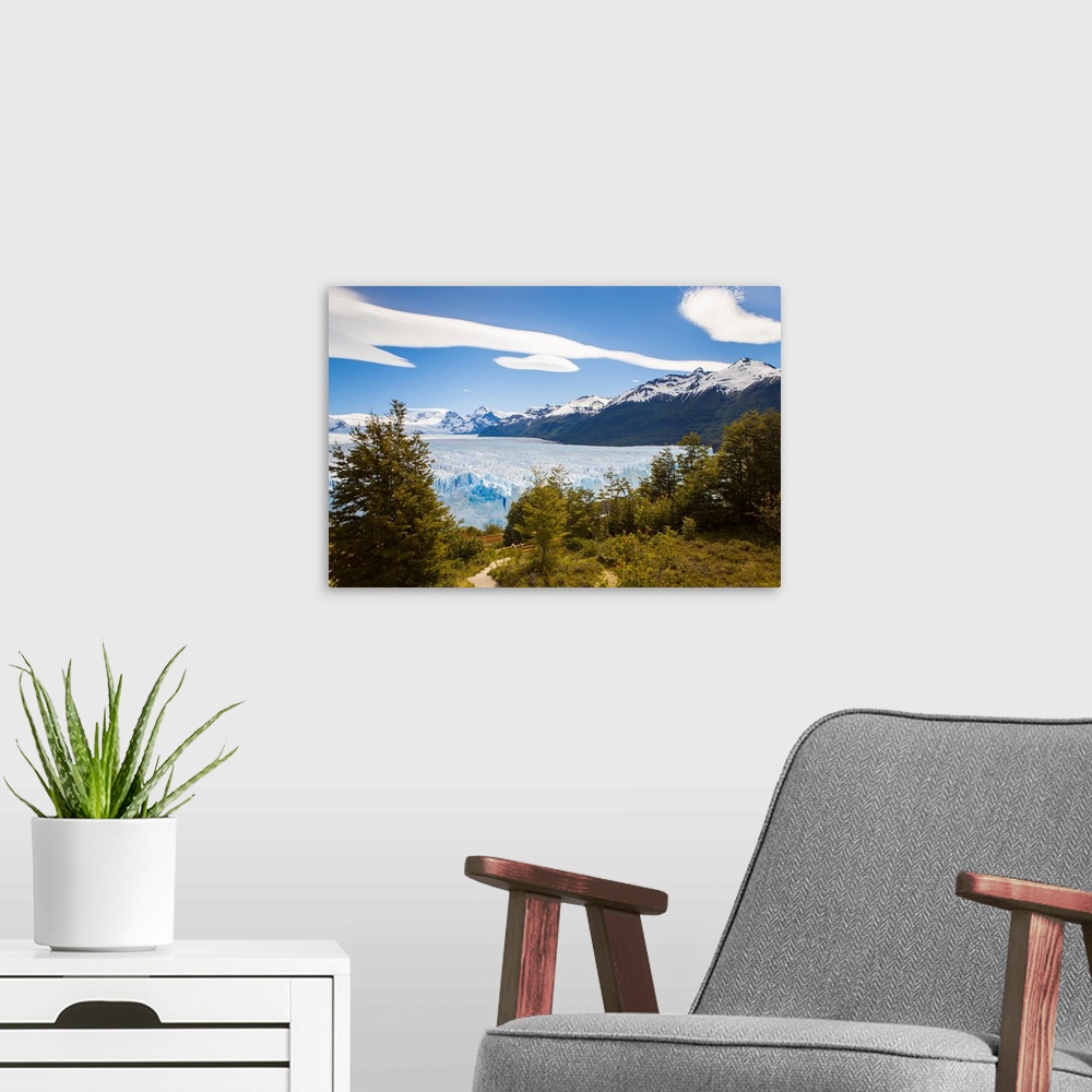 A modern room featuring A view looking through the trees of the top of the Perito Moreno glacier in Argentina.