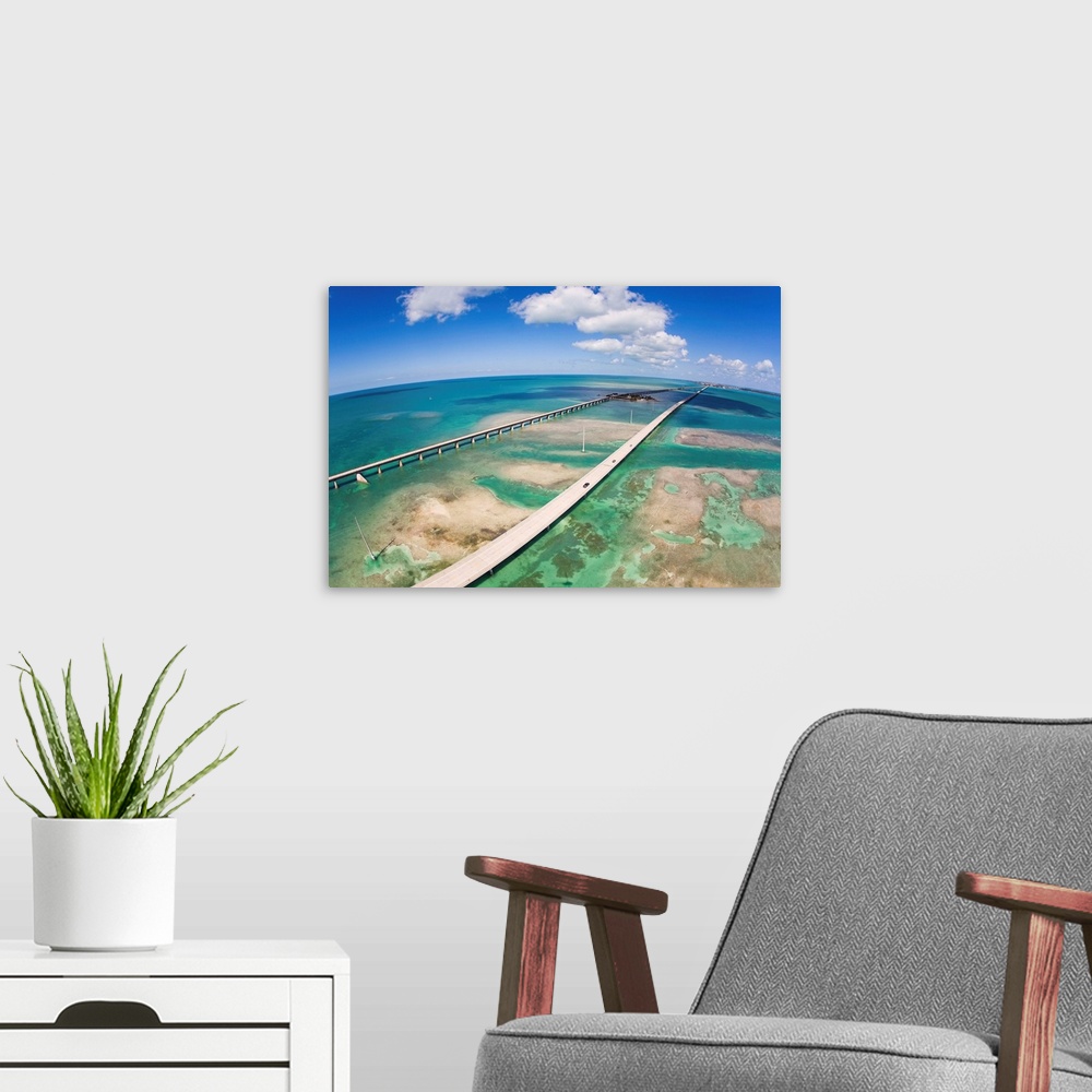 A modern room featuring Aerial view of the Seven Mile Bridge near Marathon Island in the Florida Keys.