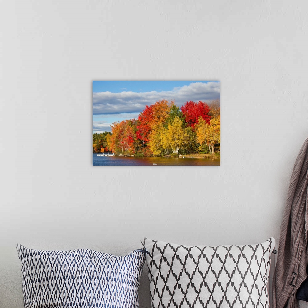 A bohemian room featuring Brilliantly colored trees on a lake shore during autumn.