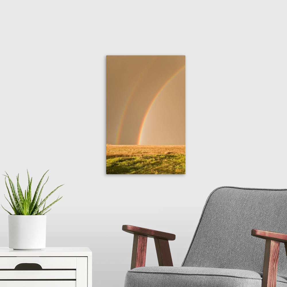 A modern room featuring Double rainbows on the backside of a thunderstorm in Tornado Alley.