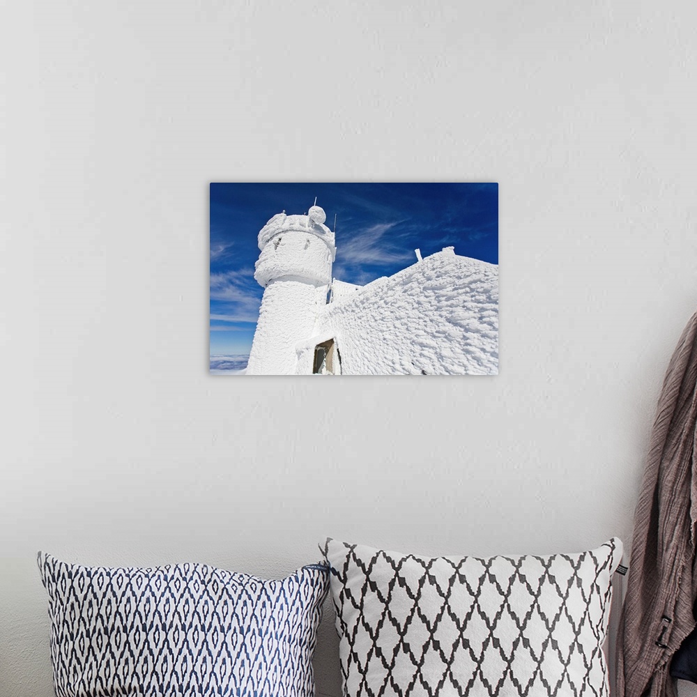 A bohemian room featuring Everything on the summit of Mt. Washington is covered in rime ice.