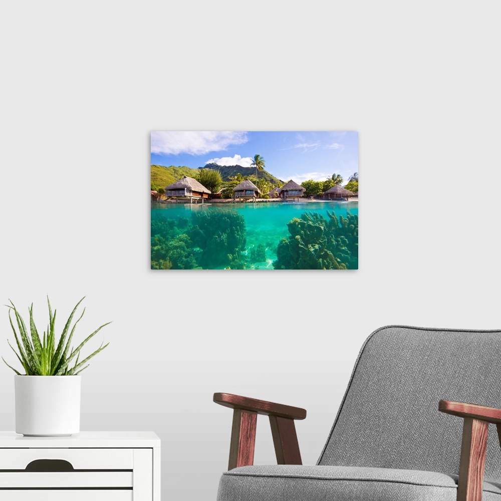 A modern room featuring Giant coral heads just offshore of a resort with over-water bungalows.