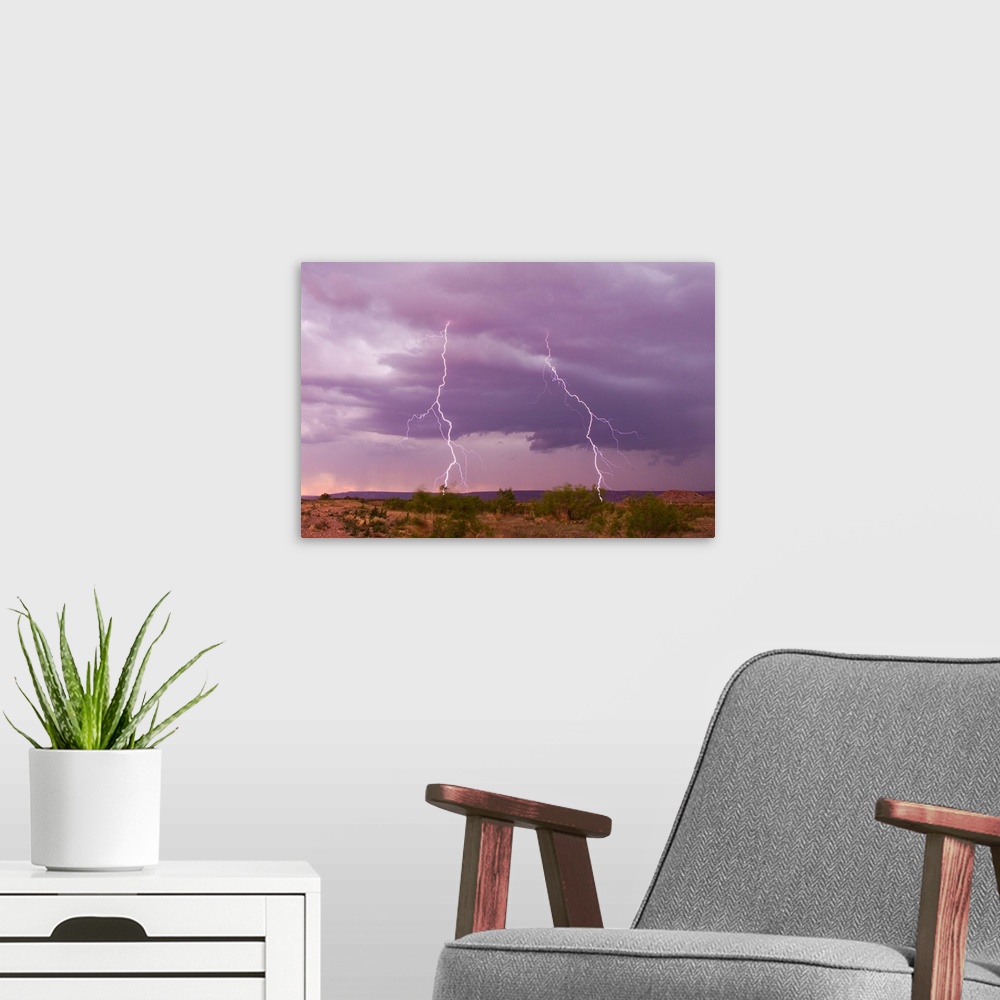 A modern room featuring Intense purple lightning bolts strike in the desert of New Mexico.