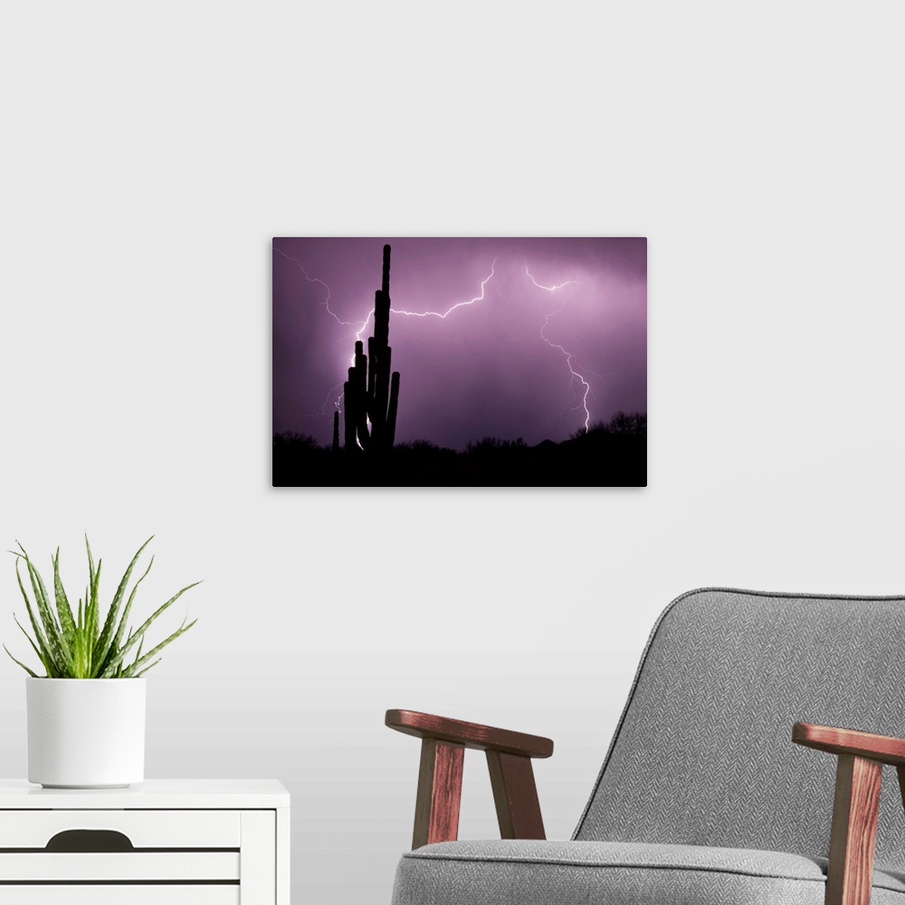 A modern room featuring Large canvas photo art of lightning lighting up the night sky in the desert with cactus silhouett...
