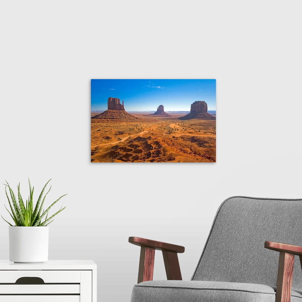 A modern room featuring Horizontal photograph from the National Geographic Collection of the vast, sandy landscape of Mon...