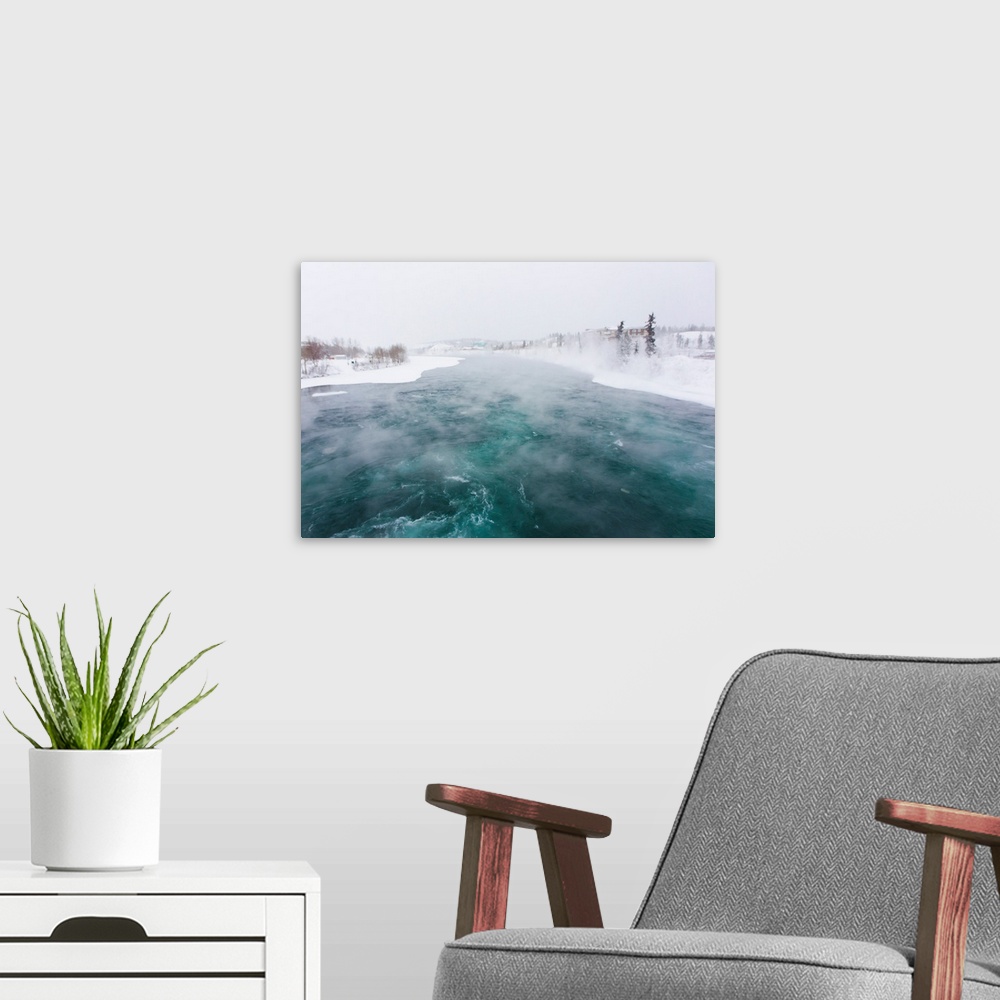 A modern room featuring Steam rising from the Yukon River in subzero temperatures.