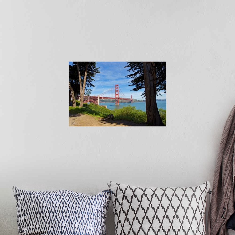 A bohemian room featuring The Golden Gate Bridge viewed from a nearby park.