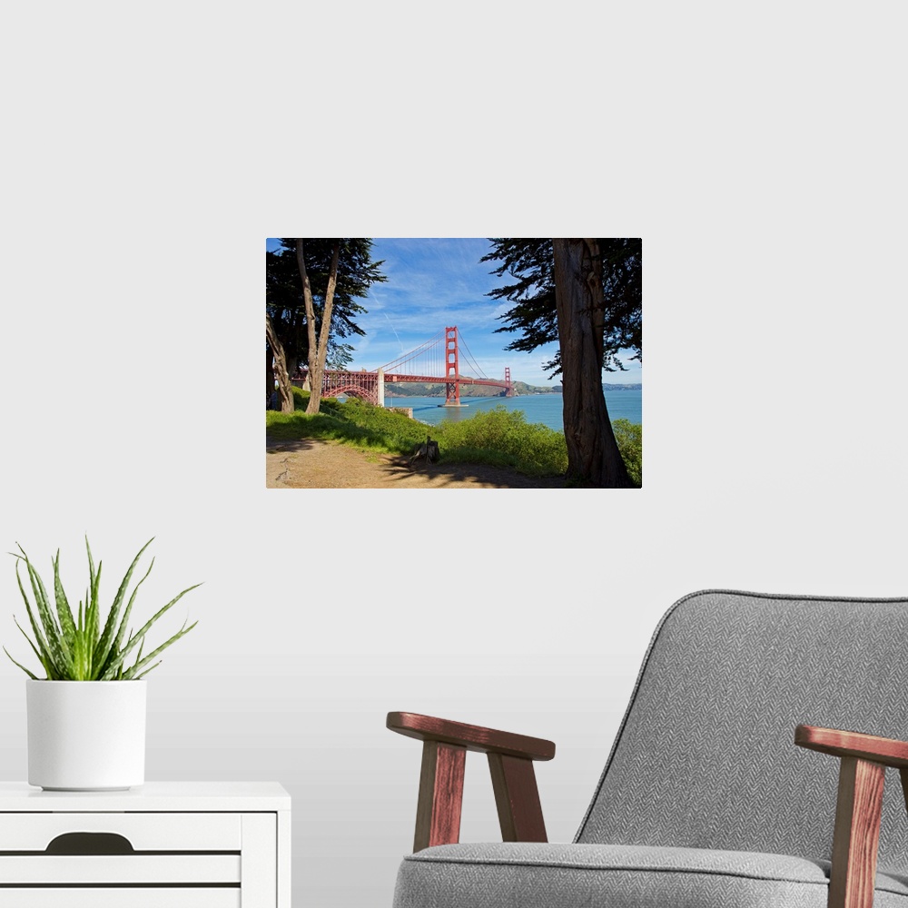A modern room featuring The Golden Gate Bridge viewed from a nearby park.