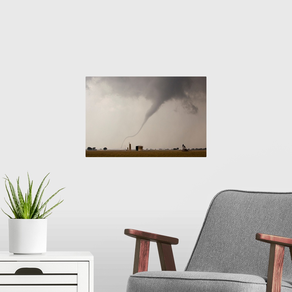 A modern room featuring Thin rope tornado, one of the first in a long series in a major outbreak.