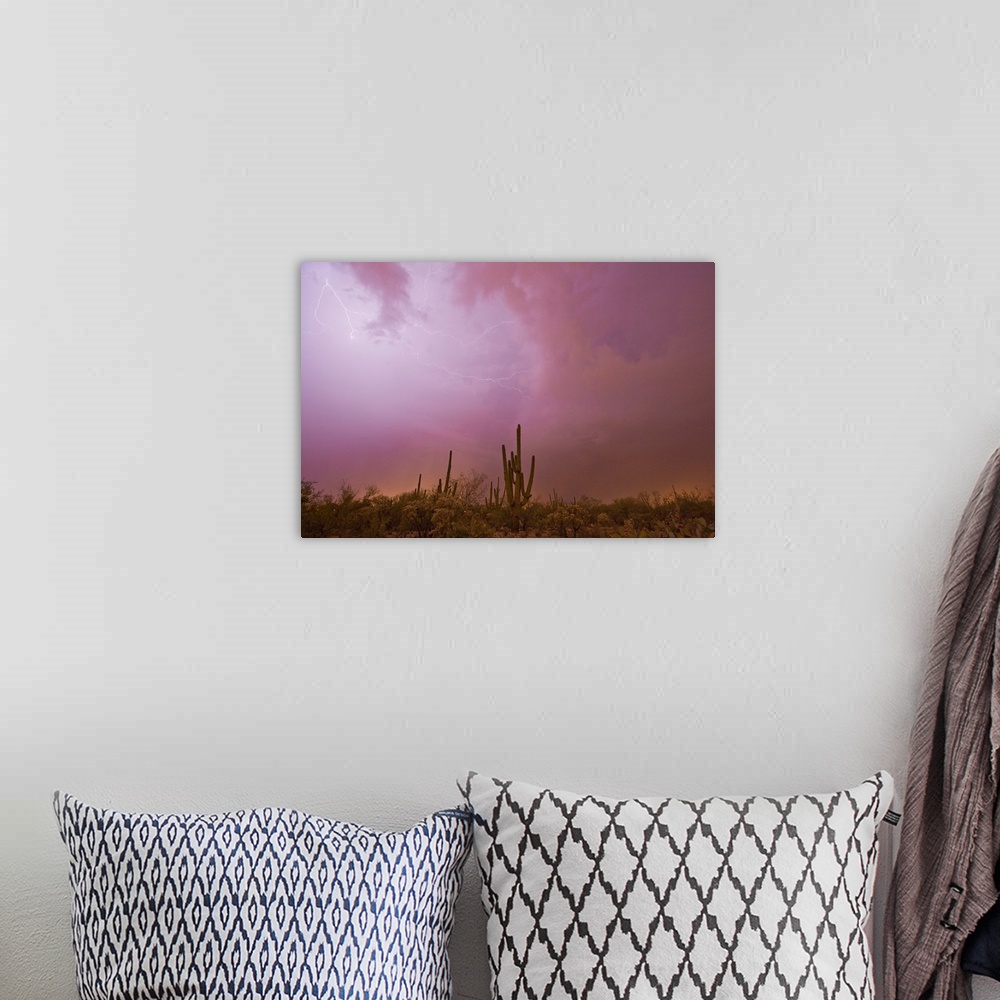 A bohemian room featuring Lightning brightens the sky over the desert during a thunderstorm.