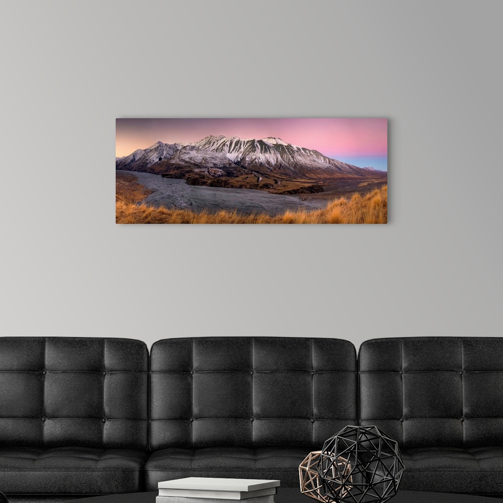A modern room featuring Alpenglow after sunset above Clyde River, Cloudy Peak Range, Canterbury, New Zealand