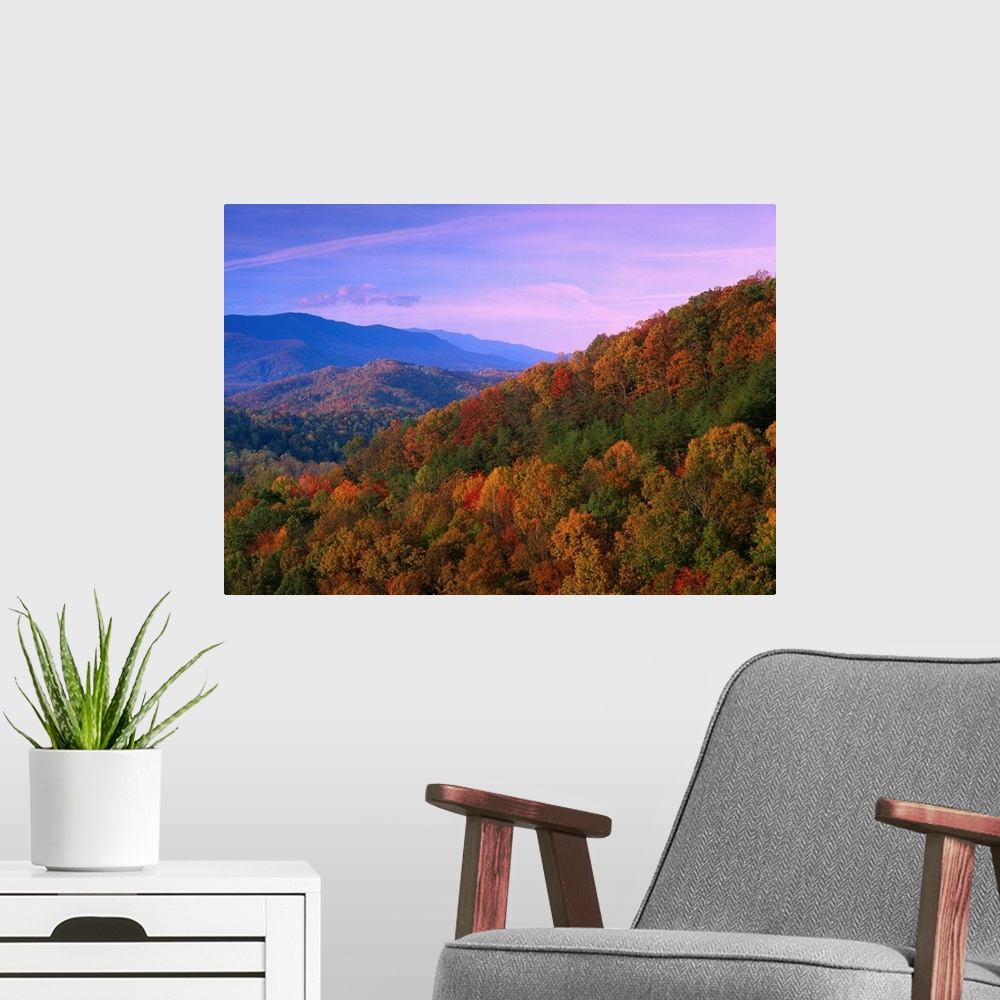 A modern room featuring Autumn trees cover the mountain side under a colorful twilight sky in this landscape wall art for...