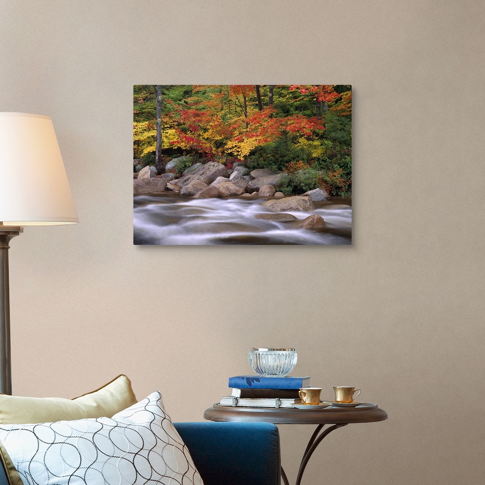 A traditional room featuring Photograph of rocky stream lined with large rock boulders and forest covered in bright fall foliage.