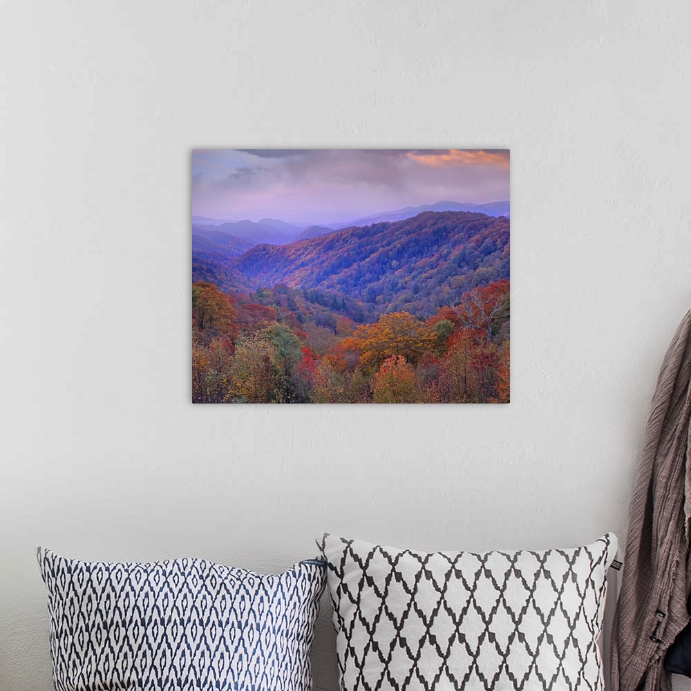 A bohemian room featuring Photo on canvas of mountains covered in fall foliage.