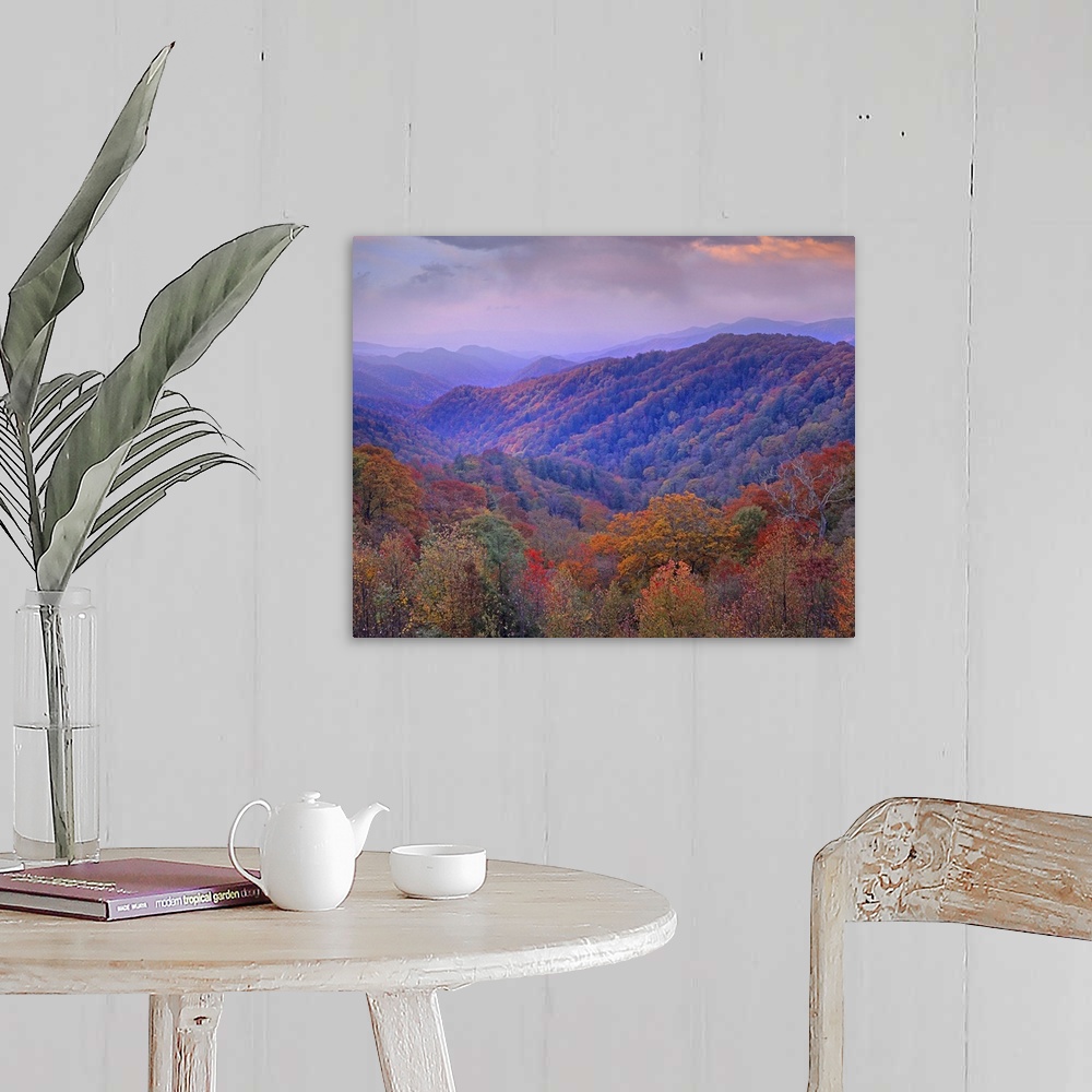 A farmhouse room featuring Photo on canvas of mountains covered in fall foliage.