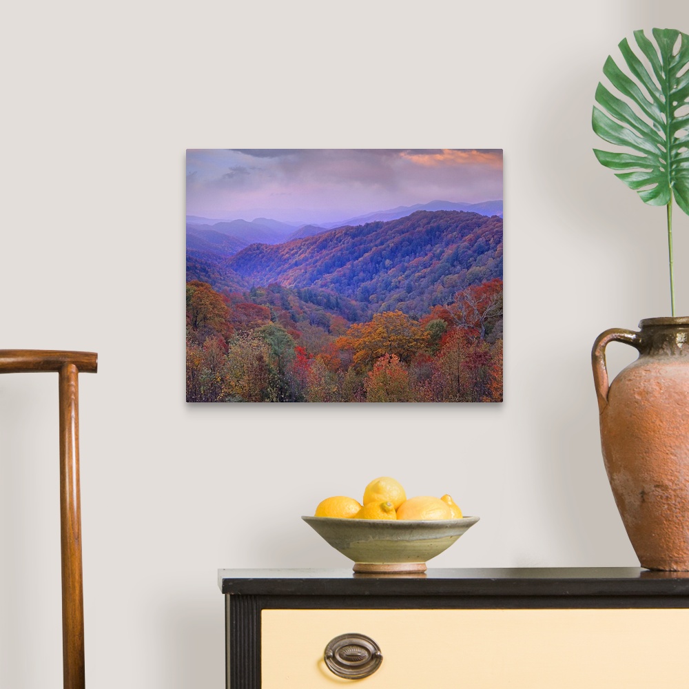 A traditional room featuring Photo on canvas of mountains covered in fall foliage.