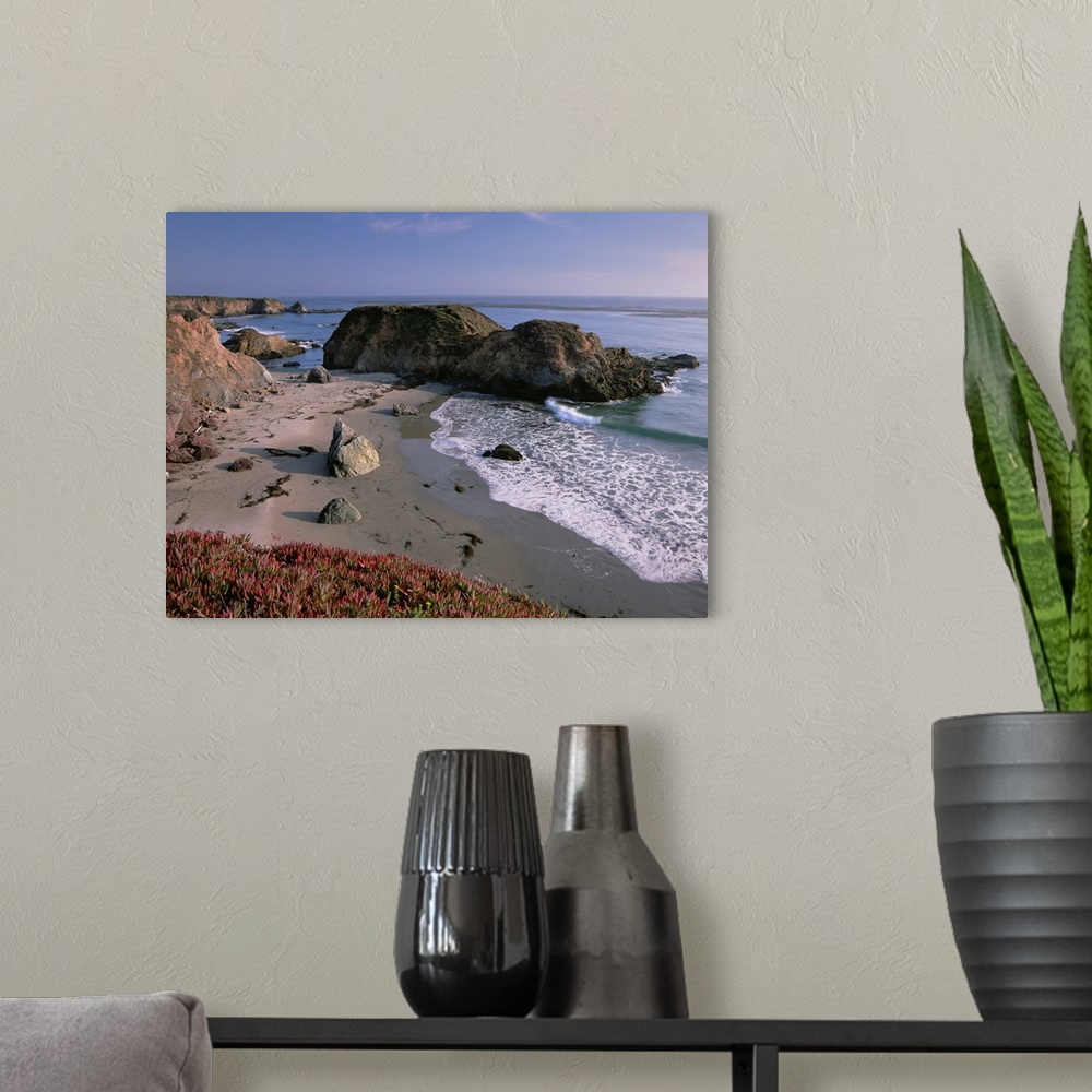A modern room featuring Beach near San Simeon Creek with ice plant in the foreground, Big Sur, California