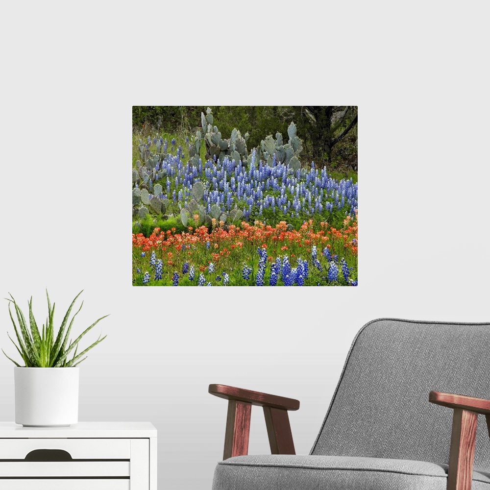 A modern room featuring A large decorative piece of wildflowers in a field with cactus intertwined.